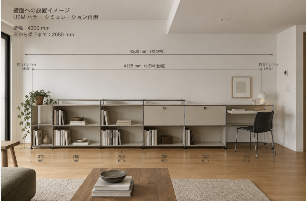 壁幅4300mmの自宅に全幅4125mmのUSMハラーを置いたAI生成イメージ。現在検討中の構成とは異なります。